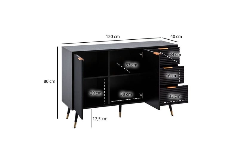 Sideboard Wohnling Folierad spånskiva ekoptik 120 cm 2 dörrar 3 lådor modern - Förvaring - Förvaringsmöbler - Sideboard & skänk