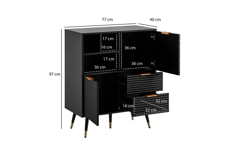 Sideboard Wohnling Folierad spånskiva ekoptik 77 cm 2 dörrar 2 lådor förvaringsutrymme modern - Förvaring - Förvaringsmöbler - Sideboard & skänk