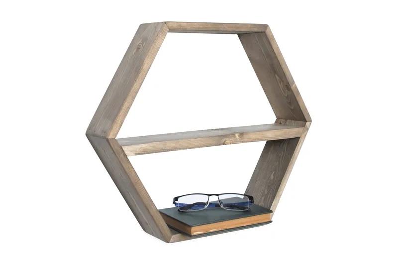 Evila Hexagon Vägghylla 42 cm i Mörkt Trä, Brun