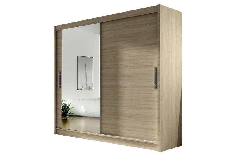 Prag Garderob 180 cm Skjutdörrar Spegel - Beige/Trä/Natur - Förvaring - Klädförvaring - Garderob & garderobssystem