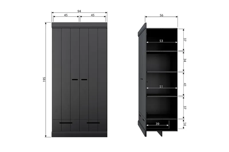 Varius Garderob 94x53 cm 2 Dörrar - Furu/Svart - Förvaring - Klädförvaring - Garderob & garderobssystem