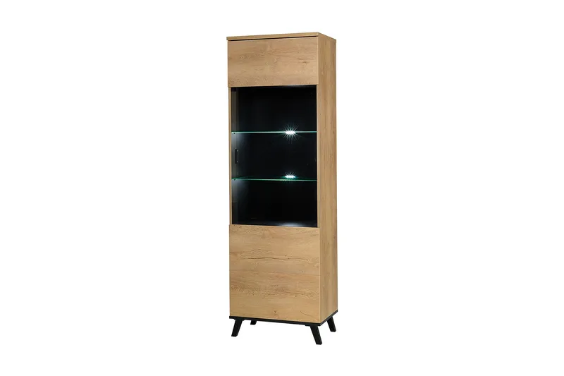 Prawa Vitrinskåp LED Belysning 40 cm djup 61 cm bred 191 cm hög Trä Glas, Ek/Svart