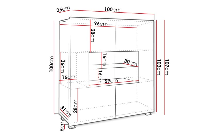 Tessan Vitrinskåp 100x107 cm med Förvaring och Belysning i Trä med Glasdörr - Vit - Förvaring - Skåp - Vitrinskåp