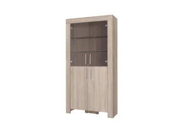 Cezar Vitrinskåp Vit LED Belysning 43 cm djup 100 cm bred 201 cm hög Ljust Trä Ek Glas - Beige/Grå - Förvaring - Skåp - Vitrinskåp