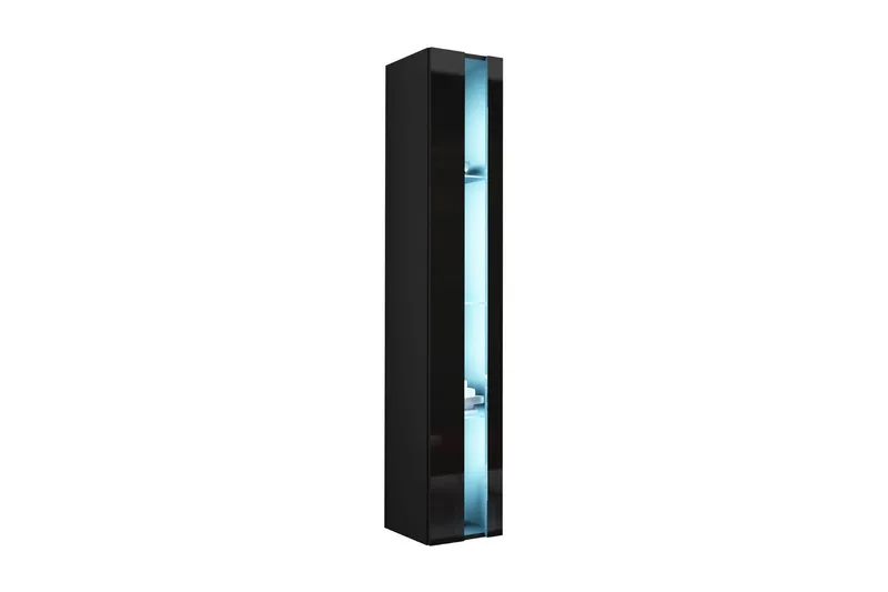 Wishon Smalt Vitrinskåp LED Belysning 30 cm djup 40 cm bred 180 cm hög Mörkt Trä Glas, Svart/Svart högglans/RGB LED