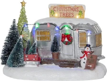 Merryville Juldekoration Husvagn med Granar 25x17 cm LED med Timer, Silver|Vit|Grön