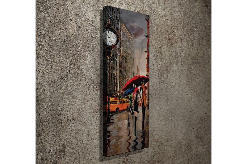 Canvastavla 30x80 cm - Livlig stadsscen med människor som går under paraplyer i regnet - Röd / Gul / Grå - Inredning - Tavlor & konst - Canvastavlor