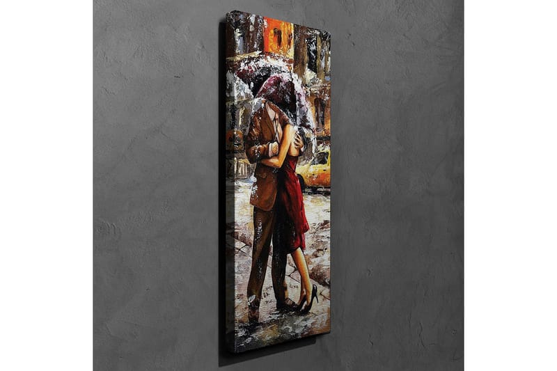 Canvastavla 30x80 cm - Romantisk dans under ett paraply i regnet - Röd / Brun / Grå - Inredning - Tavlor & konst - Canvastavlor
