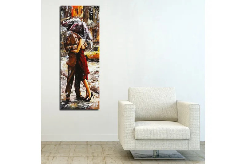 Canvastavla 30x80 cm - Romantisk dans under ett paraply i regnet - Röd / Brun / Grå - Inredning - Tavlor & konst - Canvastavlor