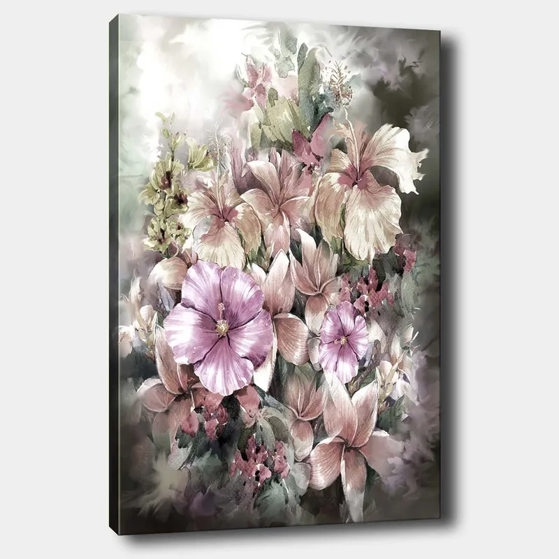 Canvastavla 70x100 cm - Vacker bukett av blommor i mjuka pastellfärger - Lila / Rosa / Grön - Inredning - Tavlor & konst - Canvastavlor