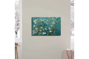 Canvastavla 70x45 cm - Blommande kvistar mot en turkos bakgrund - Turkos / Vit / Mörkgrön - Inredning - Tavlor & konst - Canvastavlor