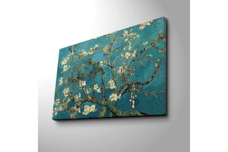 Canvastavla 70x45 cm - Blommande kvistar mot en turkos bakgrund - Turkos / Vit / Mörkgrön - Inredning - Tavlor & konst - Canvastavlor