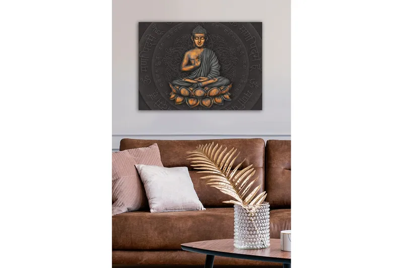 Canvastavla - Buddha i meditationsställning på en lotusblomma - Grå / Orange / Svart - Inredning - Tavlor & konst - Canvastavlor