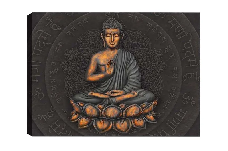 Canvastavla - Buddha i meditationsställning på en lotusblomma - Grå / Orange / Svart - Inredning - Tavlor & konst - Canvastavlor