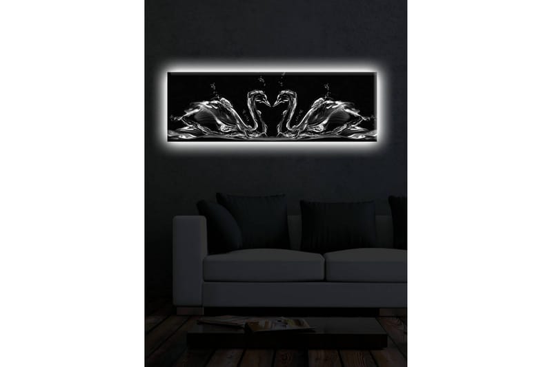 Canvastavla med LED-belysning 30x90 cm - Eleganta svanar i vattenrörelse - Svart / Vitt / Grått - Inredning - Tavlor & konst - Canvastavlor