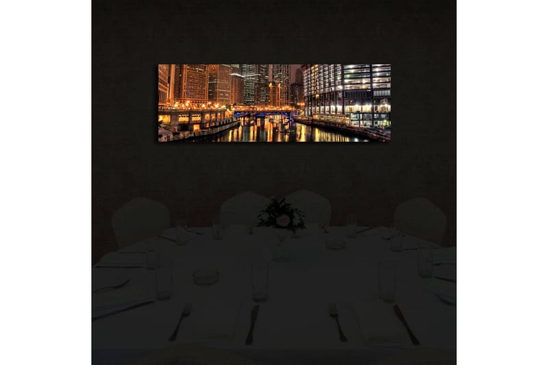 Canvastavla med LED-belysning 30x90 cm - Nattlig stadsbild med reflektioner i vattnet - Guld / Blå / Svart - Inredning - Tavlor & konst - Canvastavlor