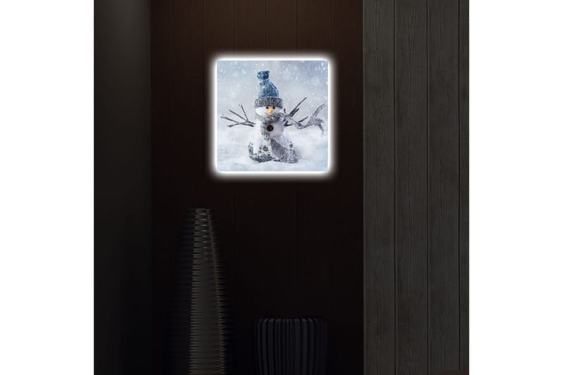Canvastavla med LED-belysning 40x40 cm - Snögubbe i vinterlandskap med snöfall - Vit / Blå / Grå - Inredning - Tavlor & konst - Canvastavlor
