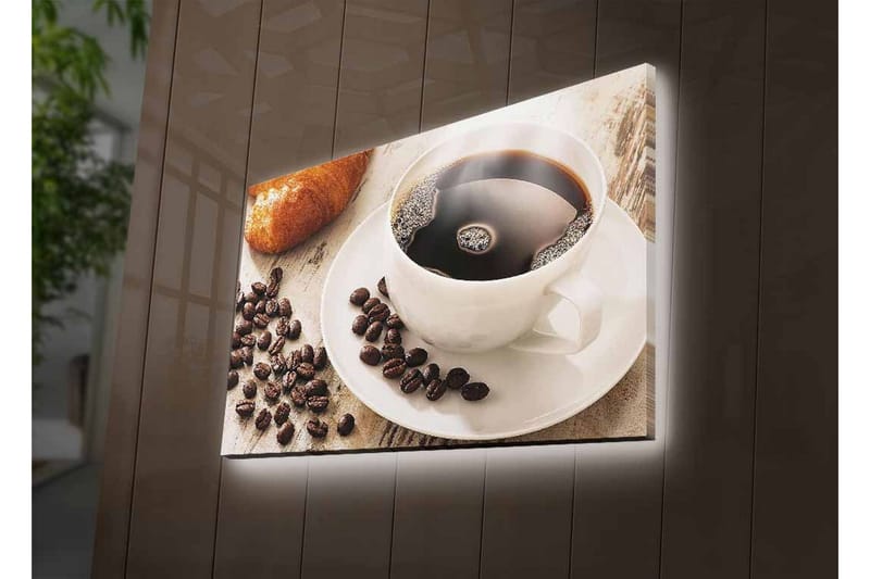 Canvastavla med LED-belysning - Kopp med svart kaffe och kaffebönor på ett bord - Svart / Brun / Vit - Inredning - Tavlor & konst - Canvastavlor