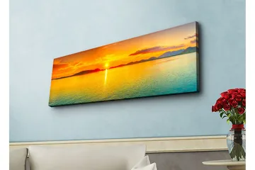 Canvastavla med LED-belysning - Solnedgång över stilla vatten - Orange / Blå / Guld - Inredning - Tavlor & konst - Canvastavlor