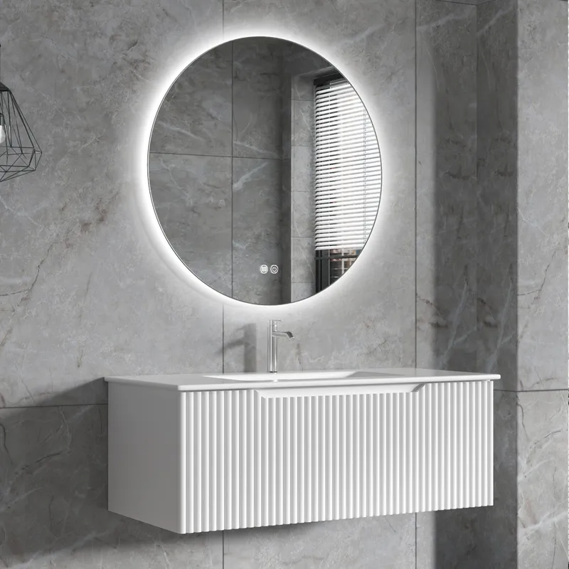 Badrumspaket | Kommod 101cm | Rund LED-spegel | Tuba - Vit