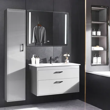 Badrumspaket | Kommod 90 cm | Sidoskåp & LED-spegel | Grå - Hus & renovering - Kök & bad - Badrum - Badrumsmöbler & badrumsinredning - Kompletta möbelpaket badrum
