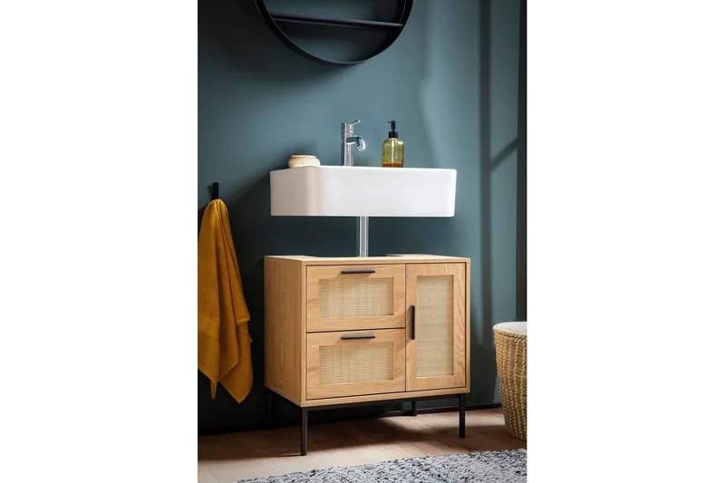 Tvättställsskåp Wohnling melaminbelagd MDF, ek-optik, rottingfront, metallben, modern loftstil 1 dörr, 3 lådor - 1 dörr, 3 lådor - Hus & renovering - Kök & bad - Badrum - Badrumsmöbler & badrumsinredning - Tvättställsskåp & kommod