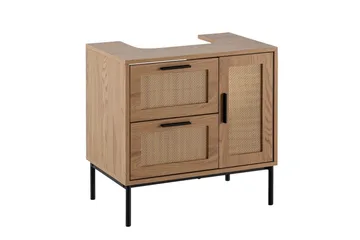 Tvättställsskåp Wohnling melaminbelagd MDF, ek-optik, rottingfront, metallben, modern loftstil 1 dörr, 3 lådor - 1 dörr, 3 lådor - Hus & renovering - Kök & bad - Badrum - Badrumsmöbler & badrumsinredning - Tvättställsskåp & kommod