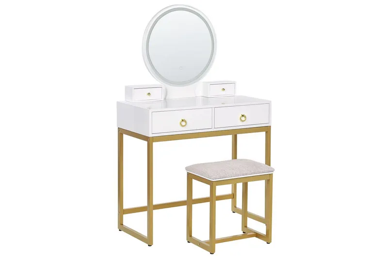 Auxon Sminkbord med Spegel och Belysning i Trä med Metallben - Vit|Beige - Möbler - Bord & matgrupper - Sminkbord & toalettbord