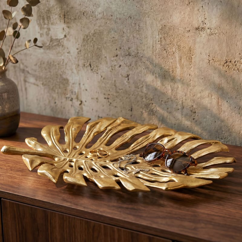 Ivora Dekorationsskål Monstera i aluminium - guld - Hushåll - Servering & Dukning - Brickor & fat