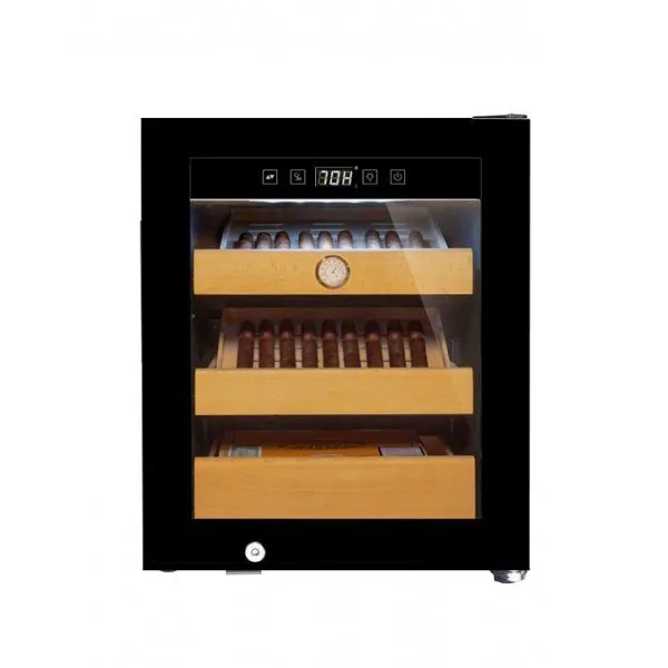 Cigarrhumidor 34L | Premium elektrisk humidor med kompressorkylning | 3 bokträshyllor & UV-skyddad glasdörr