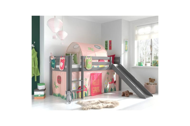 Halvhöjdssäng med gardin Pino Spring Grå, Grå, Med rutschkana, Fjäder, Vår, 3 - Grå, Grå, Med rutschkana, Fjäder, Vår, 3 - Möbler - Barnmöbler - Barnsäng & juniorsäng - Hussäng