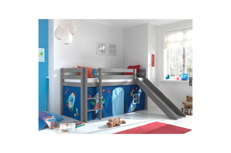Halvhöjdssäng med gardin Pino Astro Grå, Grå, Med rutschkana, Utan tunnel, Inga fickor - Grå, Grå, Med rutschkana, Utan tunnel, Inga fickor - Möbler - Barnmöbler - Barnsäng & juniorsäng - Hussäng
