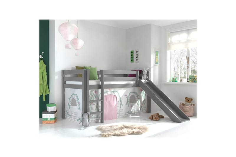 Halvhöjdssäng med gardin Pino Birdy Grå, Grå, Med rutschkana, Utan tunnel, Inga fickor - Grå, Grå, Med rutschkana, Utan tunnel, Inga fickor - Möbler - Barnmöbler - Barnsäng & juniorsäng - Hussäng