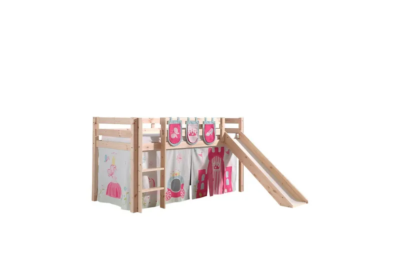 Halvhöjdssäng med gardin Pino Princess Naturlig, Naturlig, Med rutschkana, Utan tunnel, 3 - Naturlig, Naturlig, Med rutschkana, Utan tunnel, 3 - Möbler - Barnmöbler - Barnsäng & juniorsäng - Hussäng