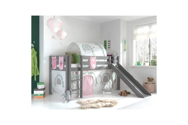 Halvhöjdssäng med gardin Pino Birdy Grå, Grå, Med rutschkana, Birdy, 3 - Grå, Grå, Med rutschkana, Birdy, 3 - Möbler - Barnmöbler - Barnsäng & juniorsäng - Hussäng