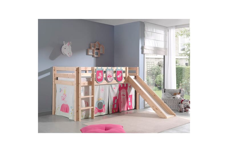 Halvhöjdssäng med gardin Pino Princess Naturlig, Naturlig, Med rutschkana, Utan tunnel, 3 - Naturlig, Naturlig, Med rutschkana, Utan tunnel, 3 - Möbler - Barnmöbler - Barnsäng & juniorsäng - Hussäng