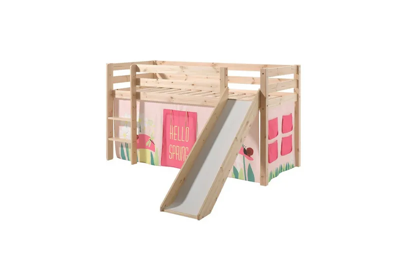 Halvhöjdssäng med gardin Pino Spring Naturlig, Naturlig, Med rutschkana, Utan tunnel, Utan fickor - Naturlig, Naturlig, Med rutschkana, Utan tunnel, Utan fickor - Möbler - Barnmöbler - Barnsäng & juniorsäng - Hussäng