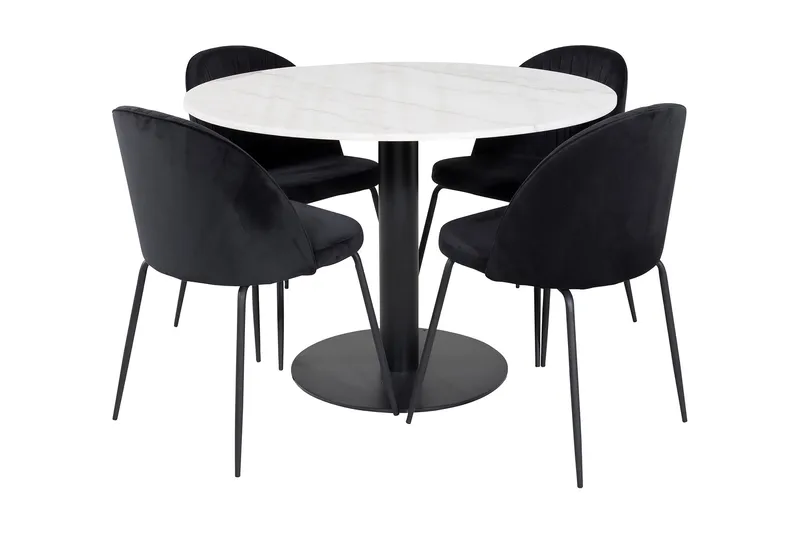 Admira Matgrupp 106 cm Rund inkl 4 Foyos Stolar, Marmor/Vit/Svart