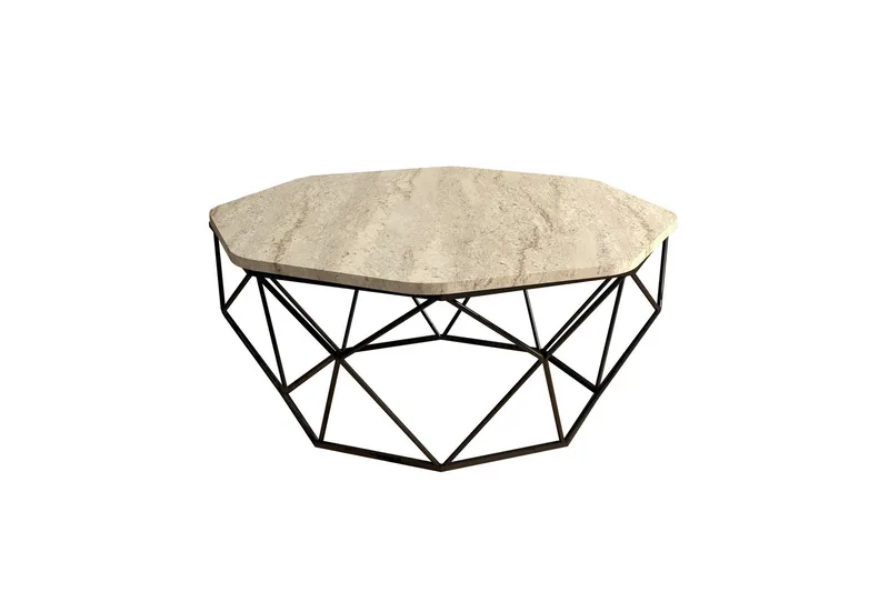 Almasi Ovalt Soffbord 90 cm i Sten med Metallunderrede, Beige