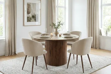 Arvo Matgrupp runt 120 cm Valnöt med 4 Greya Matstolar - Valnöt/Vit - Möbler - Bord & matgrupper - Matgrupper