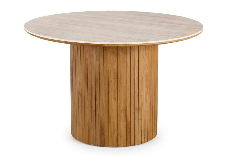 Arvo Runt Matbord 120 cm i Travertin med Pelarfot i Ekutseende - Beige - Möbler - Bord & matgrupper - Matbord & köksbord
