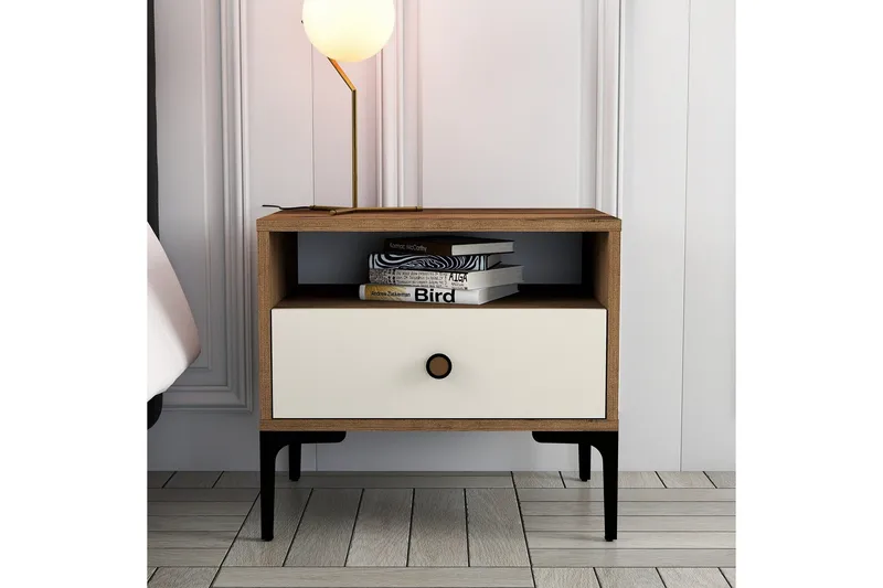 Ameias Sängbord 56 cm med Trä- och Valnötsutseende, Förvaring med Låda - Brun|Beige - Möbler - Bord & matgrupper - Avlastningsbord - Sängbord & nattduksbord