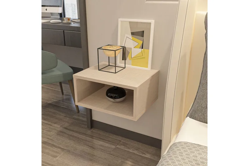 Dora Vägghängt Sängbord 45 cm med Trä- och Ekutseende, Förvaring med Hylla - Beige - Möbler - Bord & matgrupper - Avlastningsbord - Sängbord & nattduksbord