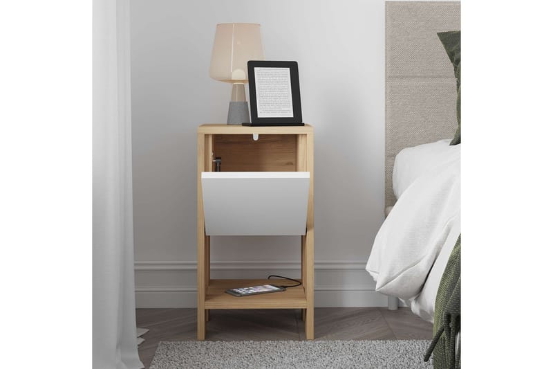 Haelyn Sängbord 30 cm med Trä- och Ekutseende, Förvaring med Hylla - Natur|Vit - Möbler - Bord & matgrupper - Avlastningsbord - Sängbord & nattduksbord