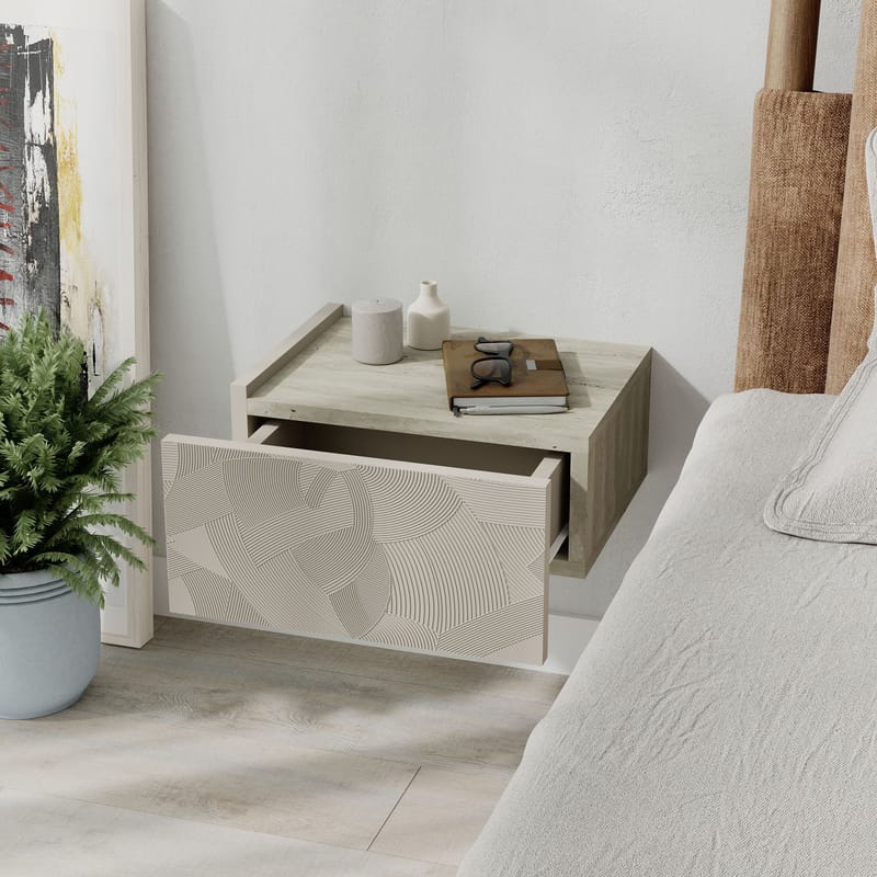 Nilena Vägghängt Sängbord 38 cm med Travertinutseende, Förvaring med Låda - Beige - Möbler - Bord & matgrupper - Avlastningsbord - Sängbord & nattduksbord