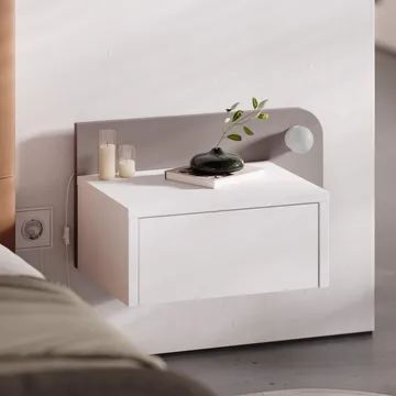 Nosina Vägghängt Sängbord 52 cm, Förvaring med Låda och LED-belysning - Vit|Brun - Möbler - Bord & matgrupper - Avlastningsbord - Sängbord & nattduksbord