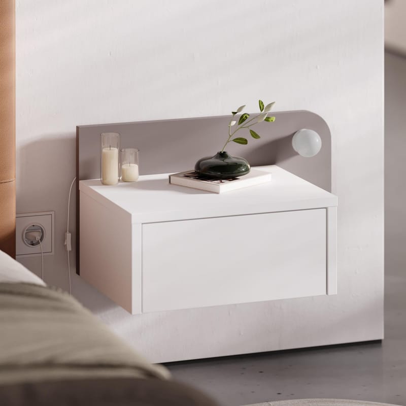 Nosina Vägghängt Sängbord 52 cm, Förvaring med Låda och LED-belysning - Vit|Brun - Möbler - Bord & matgrupper - Avlastningsbord - Sängbord & nattduksbord