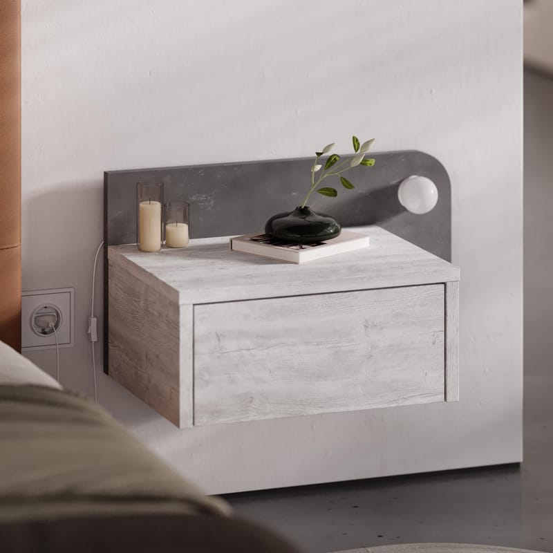 Nosina Vägghängt Sängbord 52 cm med Ek- och Betongutseende, Förvaring med Låda och LED-belysning - Grå|Vit - Möbler - Bord & matgrupper - Avlastningsbord - Sängbord & nattduksbord