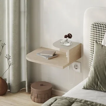 Rilina Vägghängt Sängbord 40 cm med Trä- och Ekutseende, Förvaring med Hylla och LED-belysning - Beige - Möbler - Bord & matgrupper - Avlastningsbord - Sängbord & nattduksbord