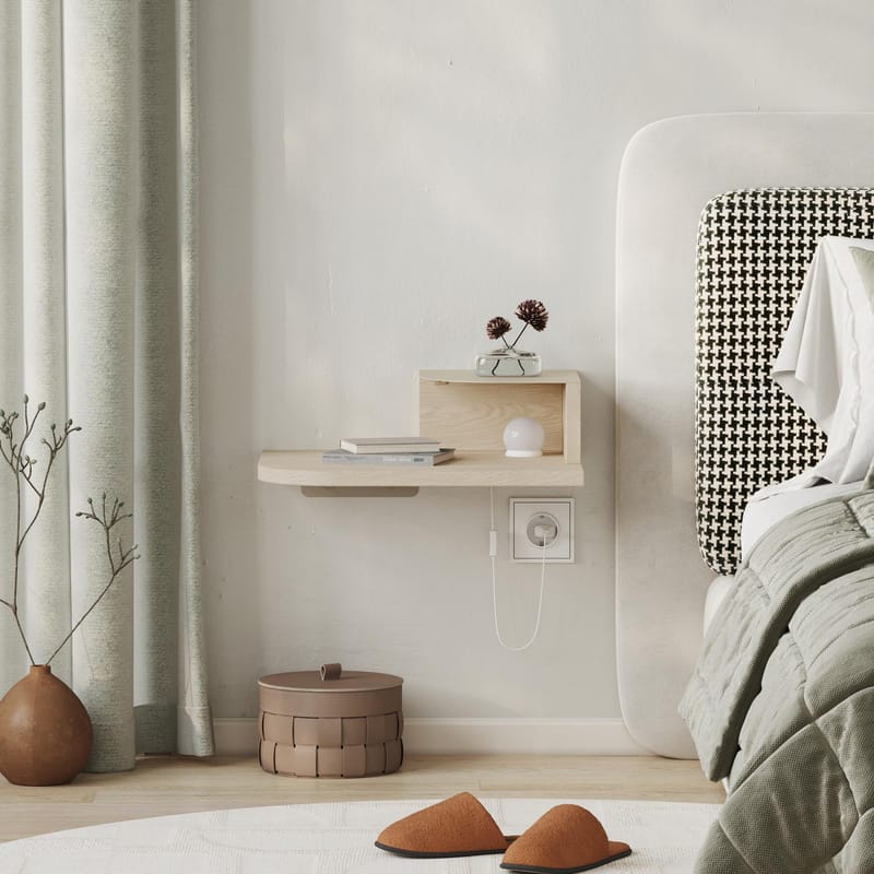 Rilina Vägghängt Sängbord 40 cm med Trä- och Ekutseende, Förvaring med Hylla och LED-belysning - Beige - Möbler - Bord & matgrupper - Avlastningsbord - Sängbord & nattduksbord